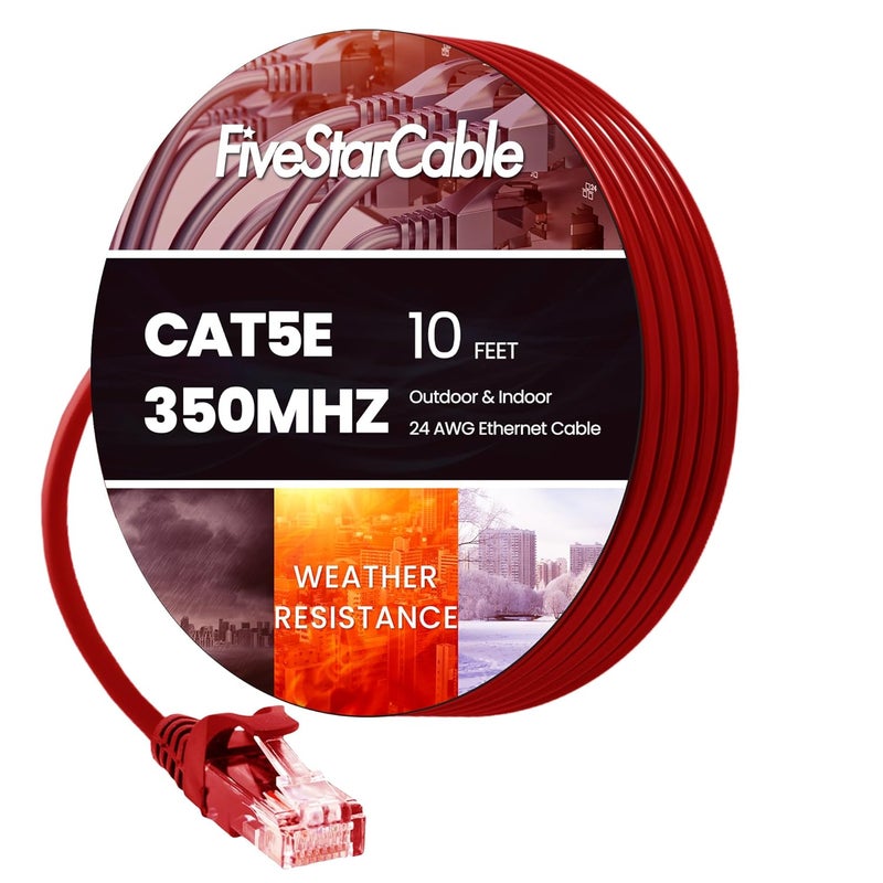FiveStarCable كابل إيثرنت قصير بدون نتوء Cat 5e - 10 قدم، كابل شبكة إنترنت عالي السرعة، PoE، موصل RJ45، كابل LAN جيجابت لجهاز التوجيه، المودم، الكمبيوتر، الألعاب، التلفاز الذكي، PS5، أحمر - Image 1
